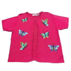 Vintage 90s Short Sleeve Sweater Size L Embroidered Butterfly Spring Grandmacore